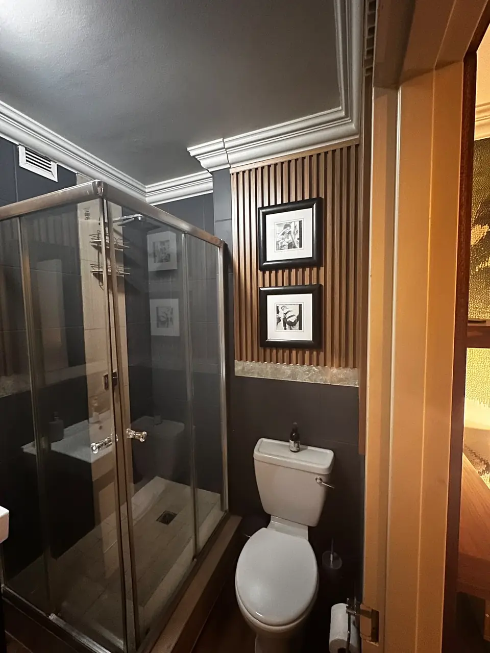 Renovated bathroom with a glass shower and timber slat detail